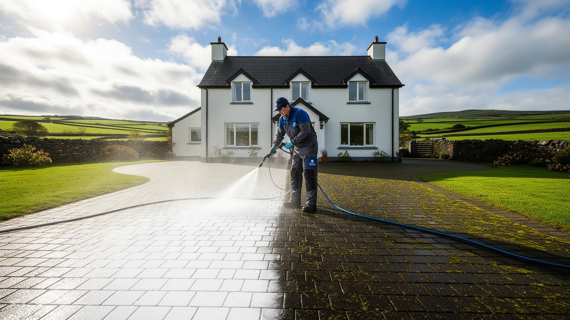 Tipperary PowerWashing cleaning a driveway in front of an Irish country home
